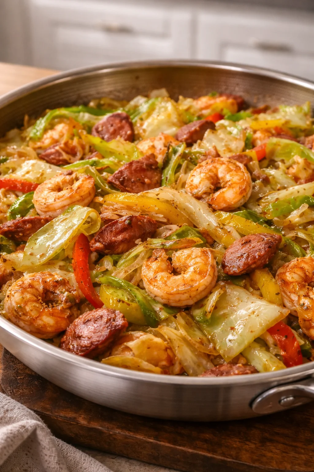 Southern Fried Cabbage with Shrimp on a plate garnished with herbs