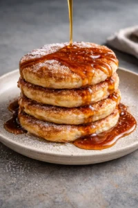 Delicious Spanish churro-inspired pancakes topped with chocolate sauce and cinnamon