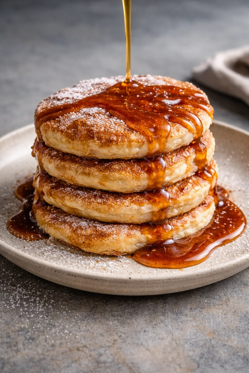 Delicious Spanish churro-inspired pancakes topped with chocolate sauce and cinnamon