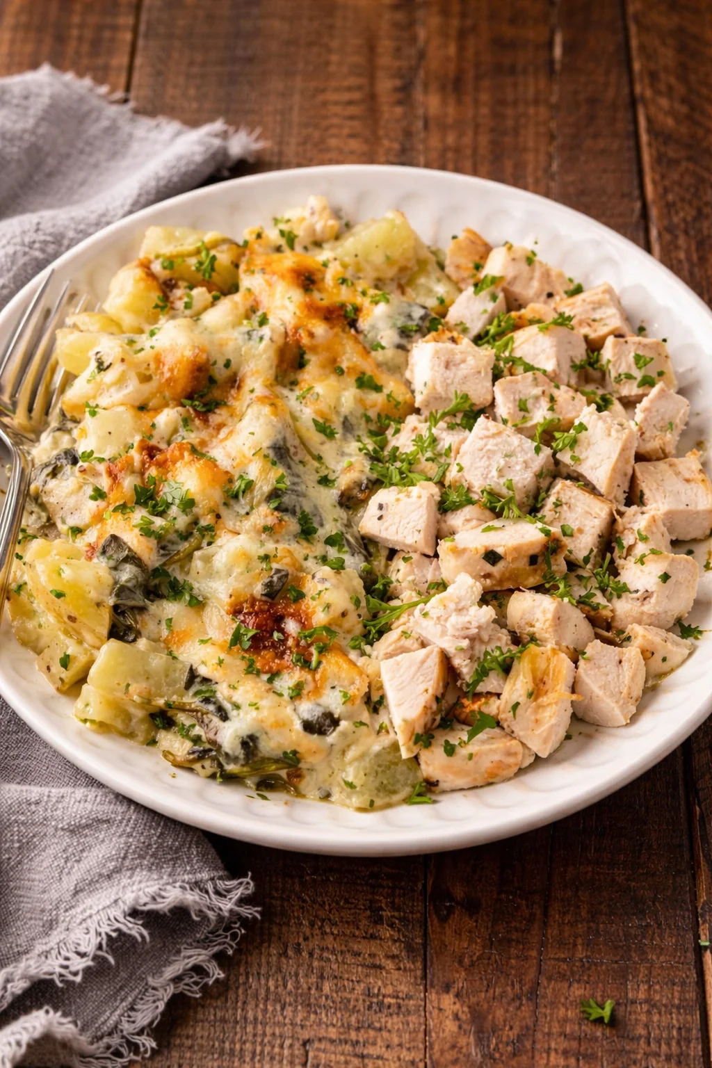 Delicious Spinach Artichoke Au Gratin Potatoes served in a dish