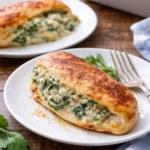 Oven-baked spinach stuffed chicken breasts with cheese and herbs