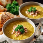 Bowl of homemade split pea and ham soup garnished with fresh herbs