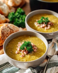 Bowl of homemade split pea and ham soup garnished with fresh herbs