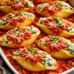 Baked stuffed pasta shells with ricotta and spinach in a vibrant tomato sauce