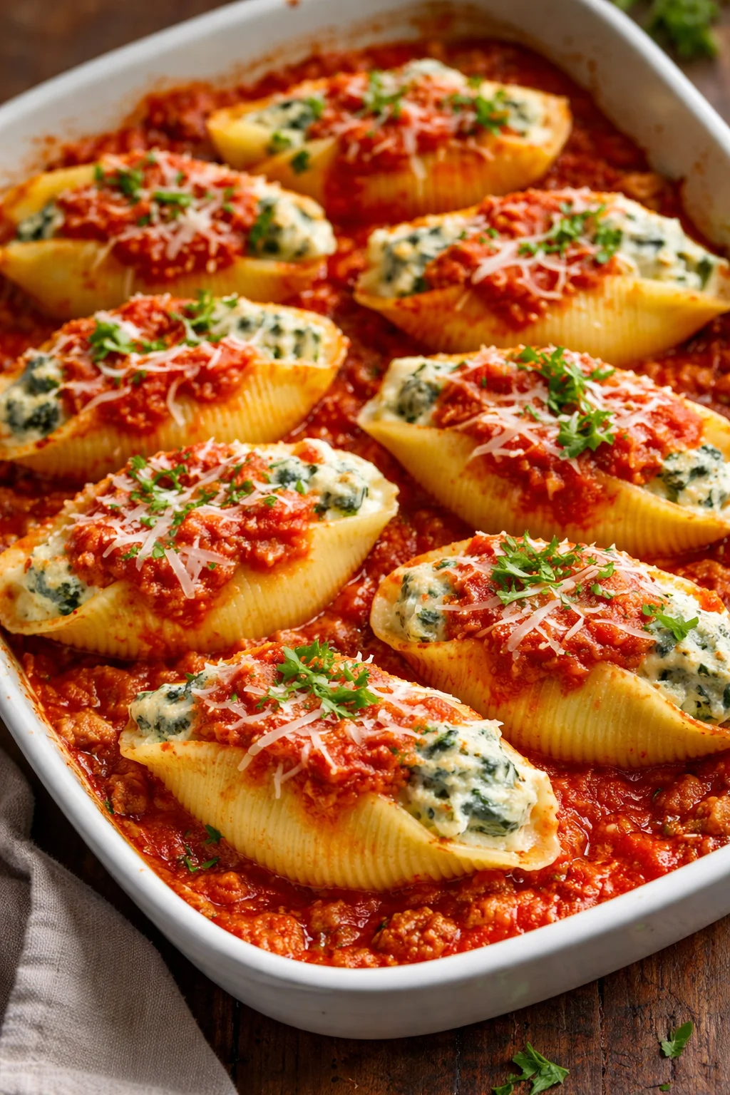 Baked stuffed pasta shells with ricotta and spinach in a vibrant tomato sauce