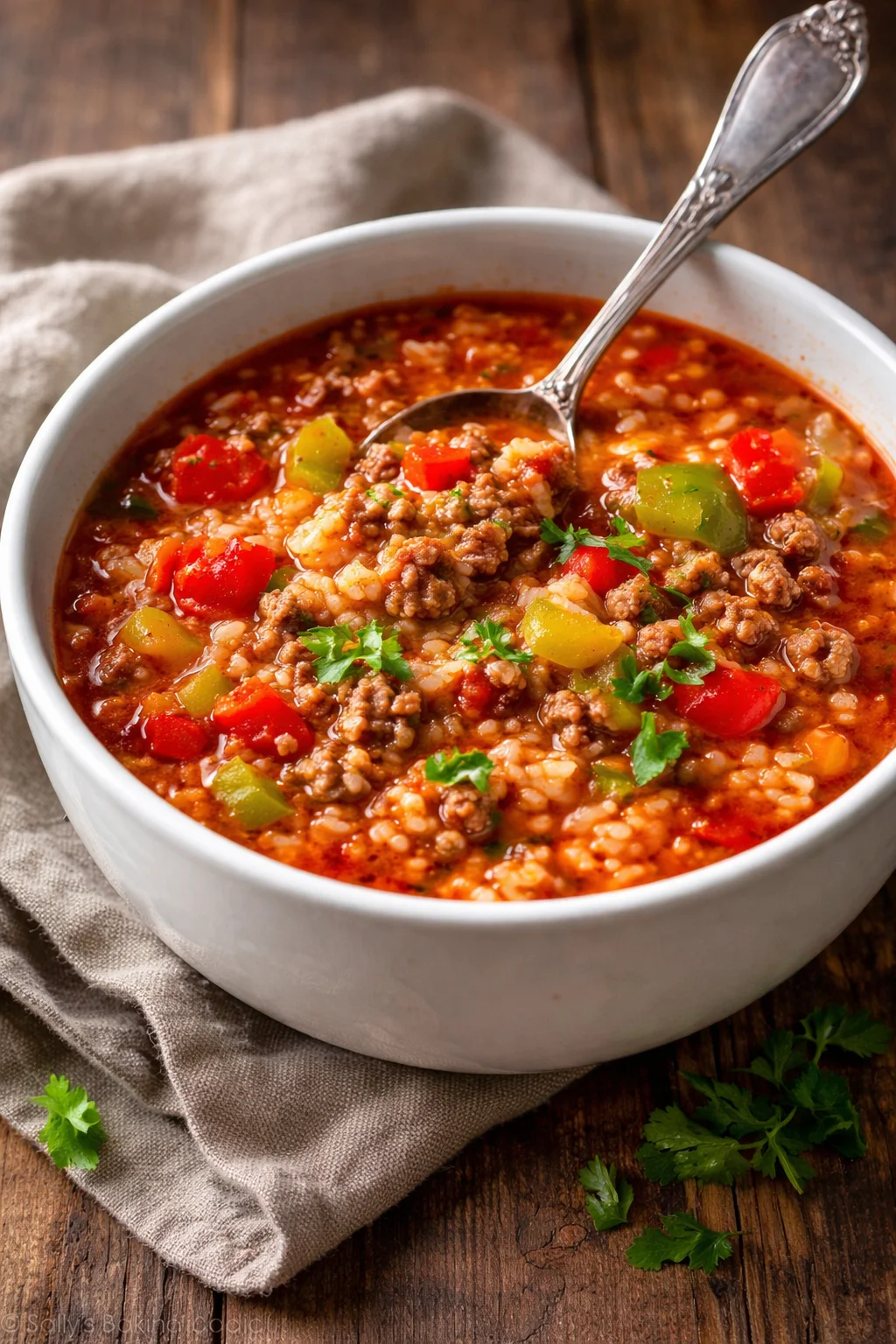 A bowl of flavorful Stuffed Pepper Soup topped with herbs and colorful bell peppers