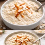 Bowl of tasty coconut cream oats topped with fruits and nuts
