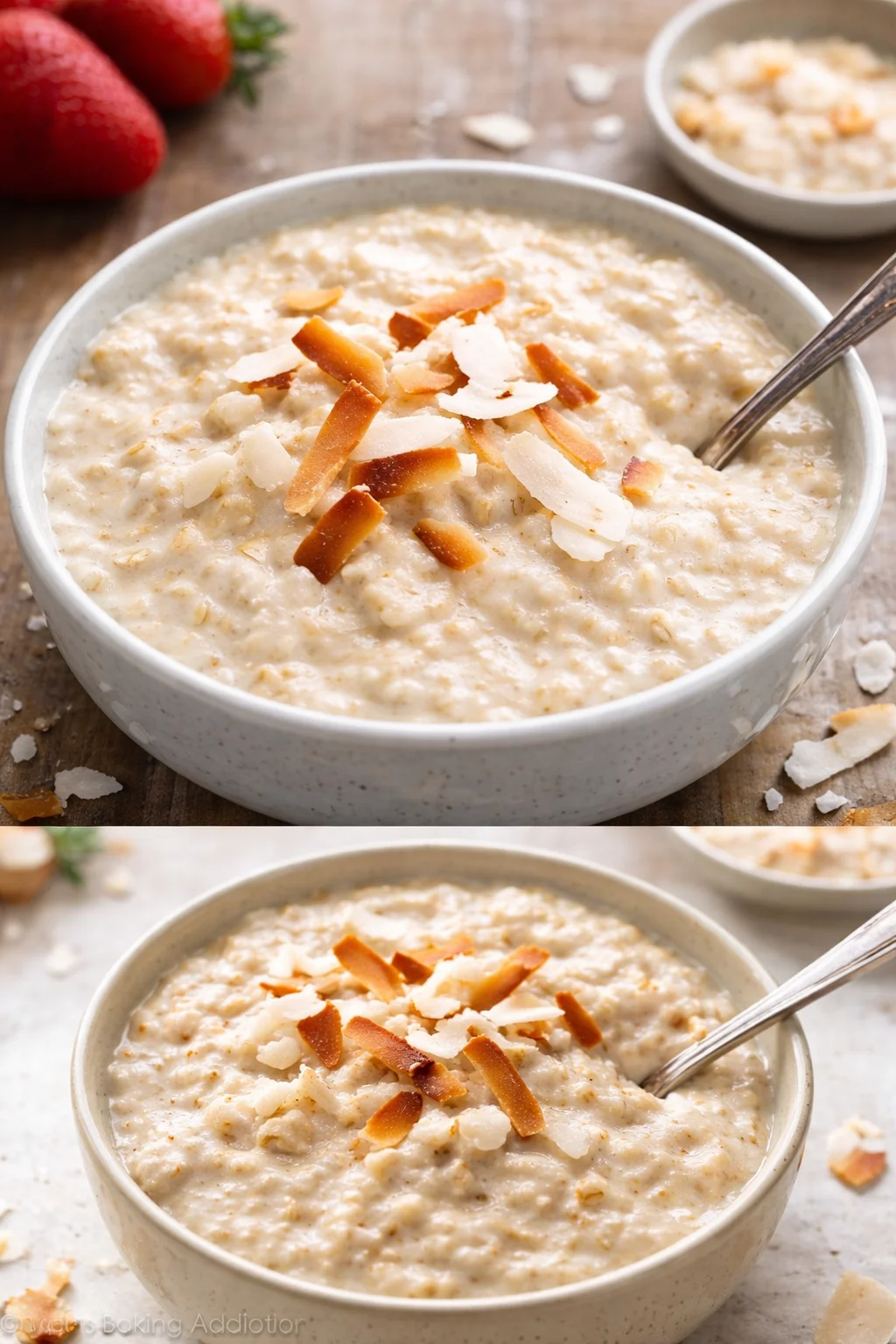 Bowl of tasty coconut cream oats topped with fruits and nuts