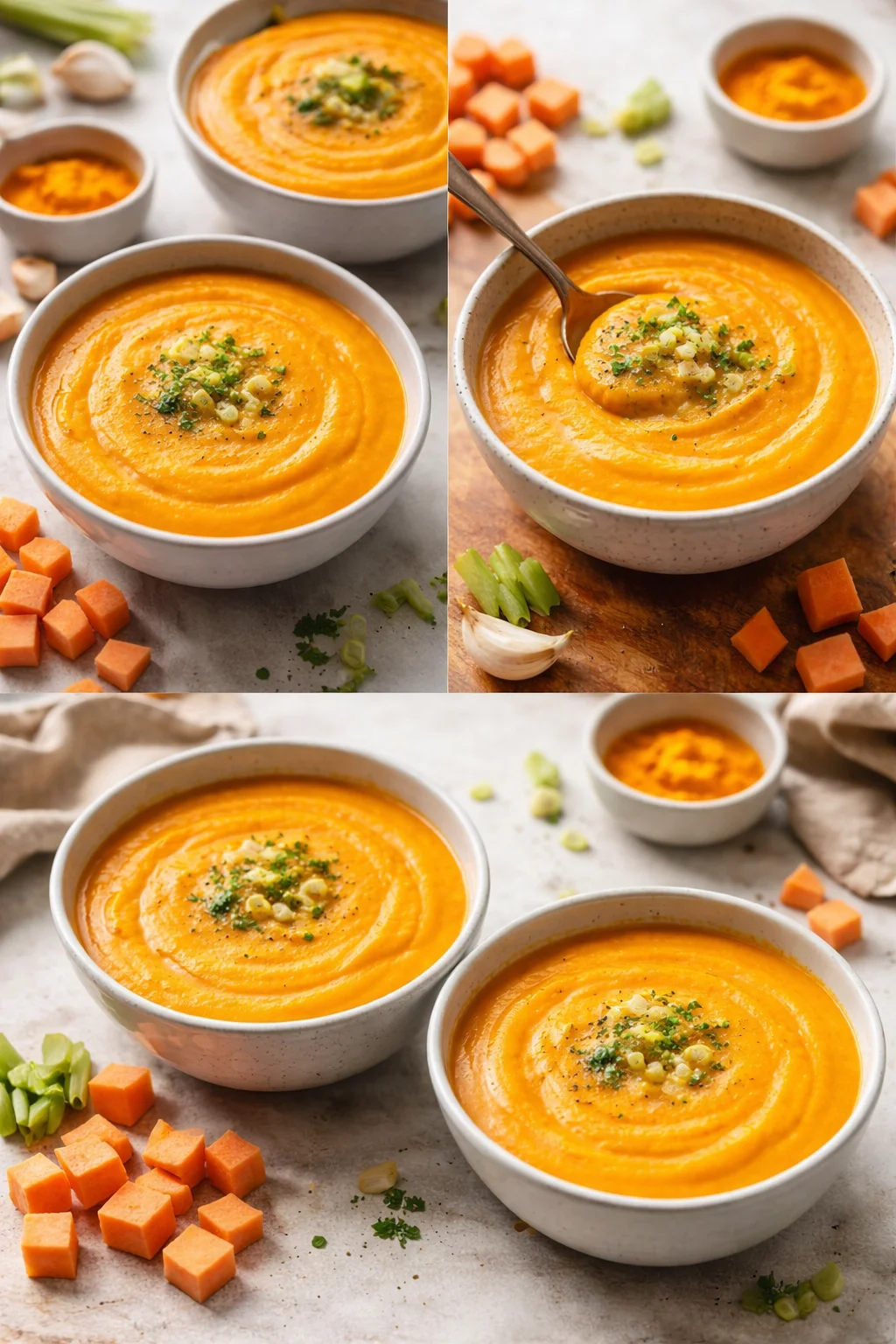 A bowl of roasted sweet potato and leek soup garnished with herbs.
