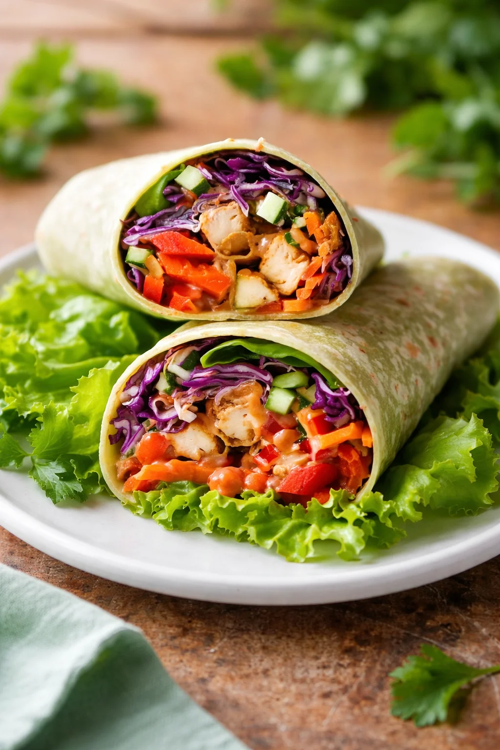 Thai Peanut Chicken Wraps with grilled chicken and veggies wrapped in a tortilla