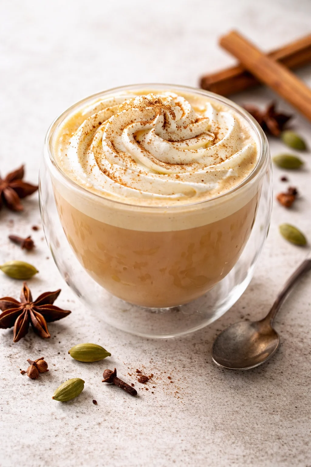 Creamy vanilla chai latte topped with spices and foam