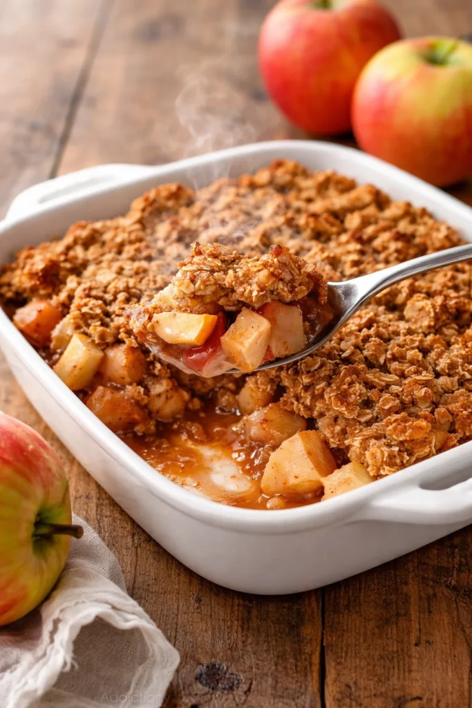 Delicious Vegan Apple Crisp topped with oats and nuts