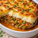 Delicious Vegan Cottage Pie topped with golden mashed potatoes and fresh herbs.