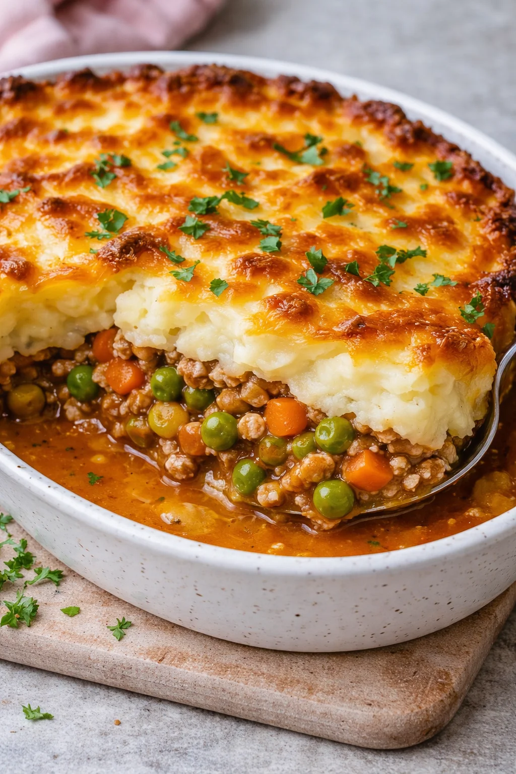 Delicious Vegan Cottage Pie topped with golden mashed potatoes and fresh herbs.