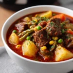 Bowl of hearty vegetable beef soup with colorful veggies and tender beef chunks