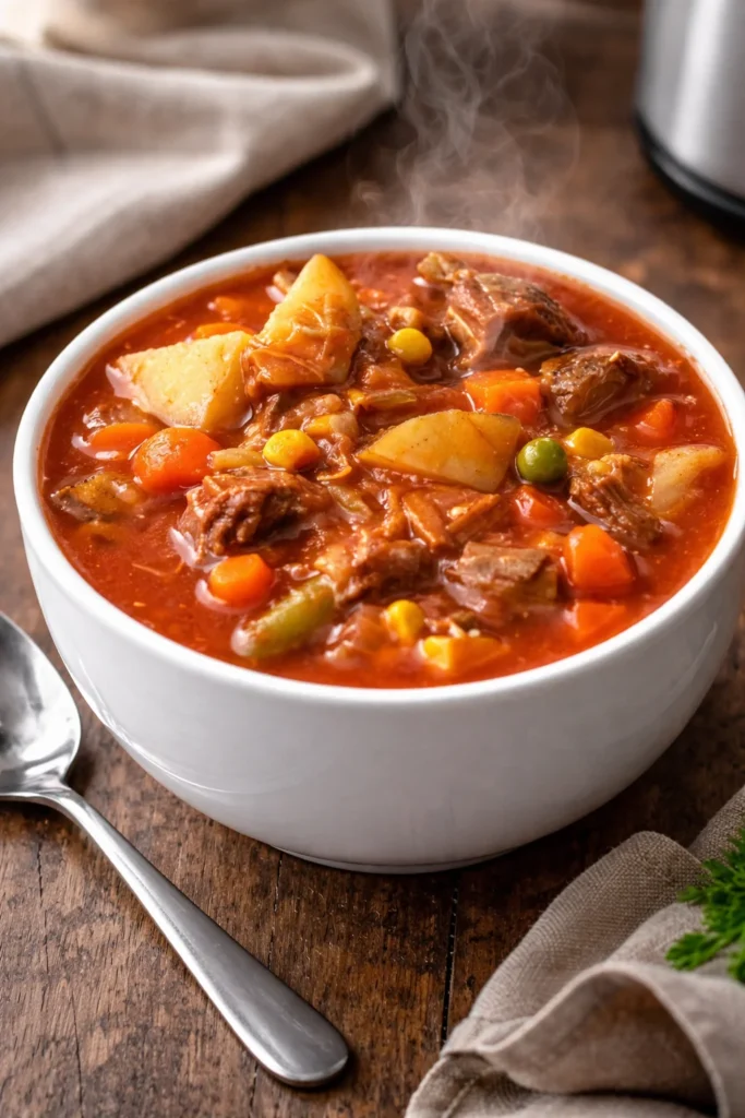 A bowl of delicious Vegetable Beef Soup filled with colorful vegetables and beef.