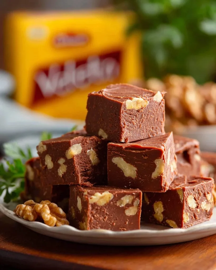 Plate of rich Velveeta Fudge squares topped with nuts