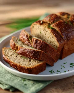 Freshly baked zucchini bread with slices on a wooden board