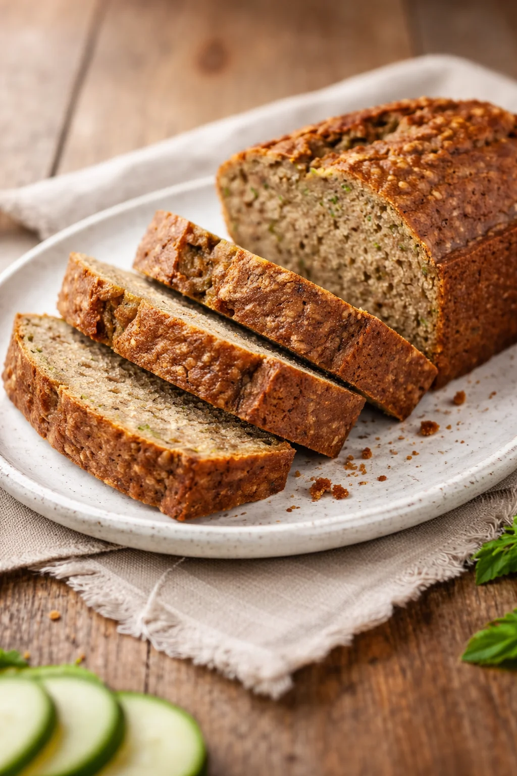 Homemade zucchini bread with fresh zucchini and spices on a wooden cutting board.