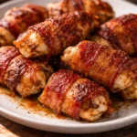Platter of delicious Bacon Wrapped Chicken Bites served with dipping sauce
