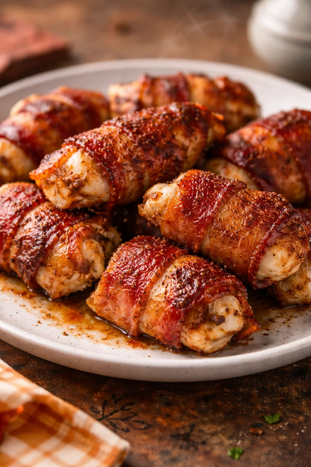 Platter of delicious Bacon Wrapped Chicken Bites served with dipping sauce