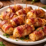 Delicious bacon-wrapped chicken bites served on a platter