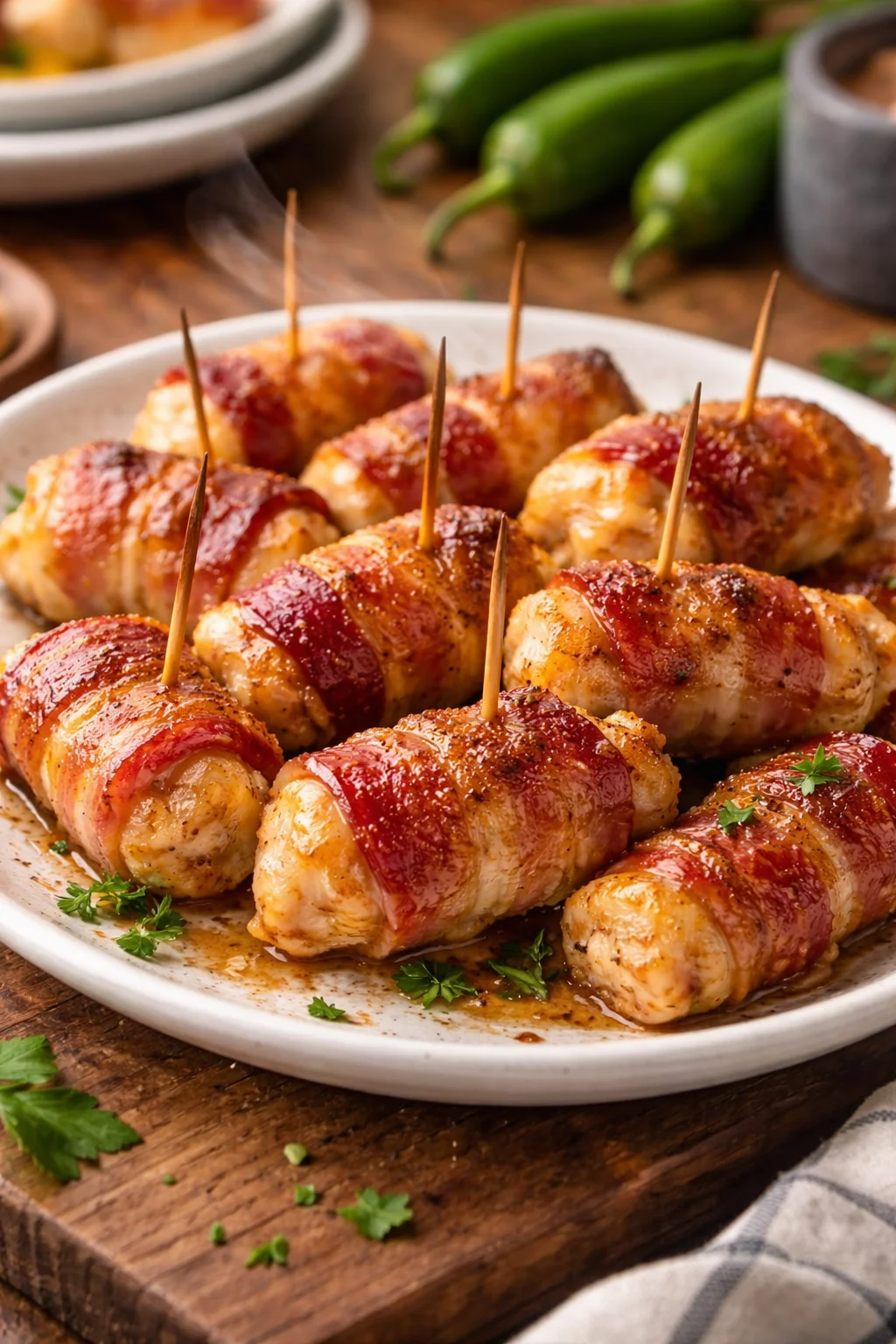 Delicious bacon-wrapped chicken bites served on a platter