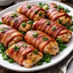 Bacon Wrapped Chicken Thighs served on a plate with herbs