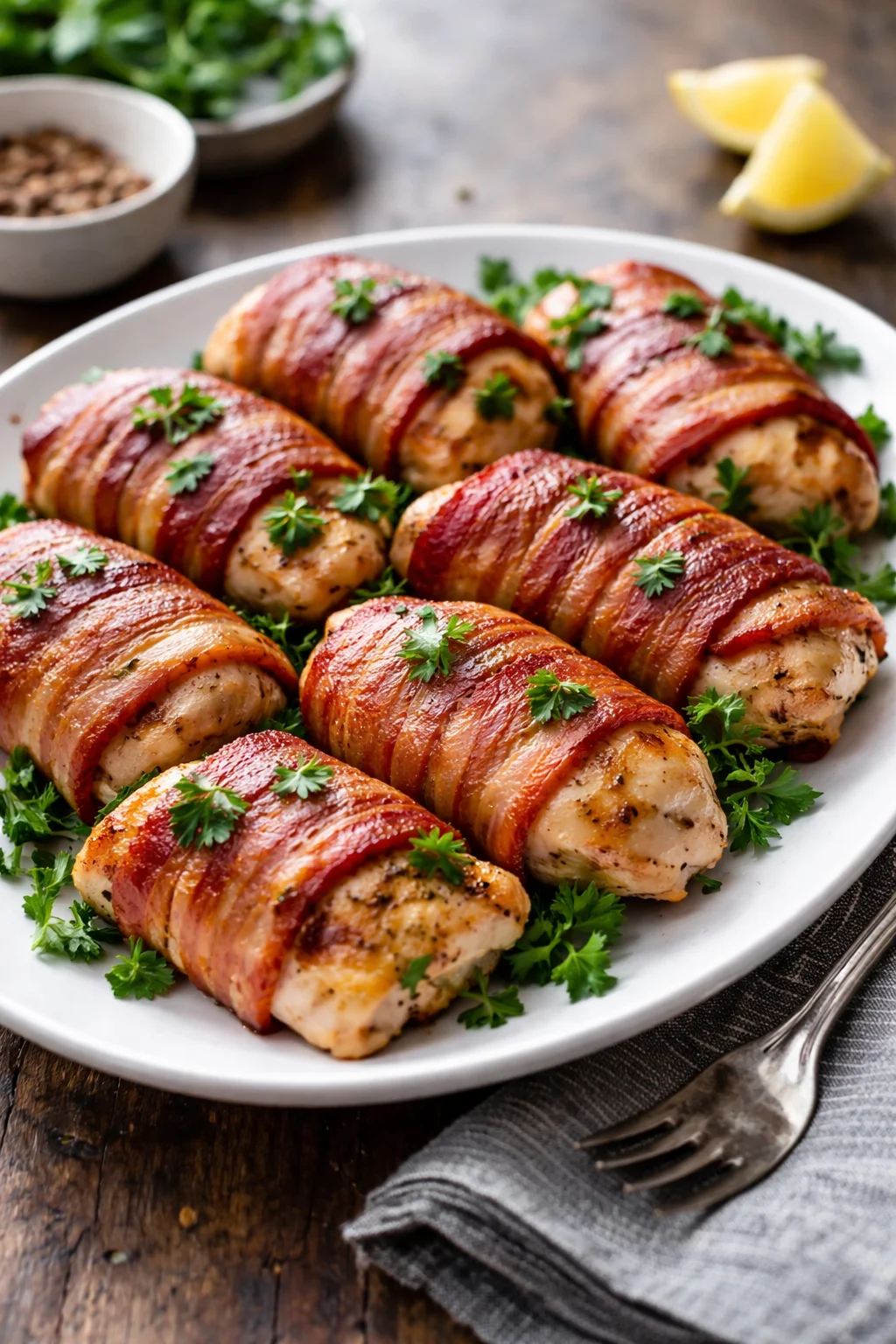 Bacon Wrapped Chicken Thighs served on a plate with herbs