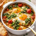 Baked feta eggs with tomatoes and spinach in a serving dish