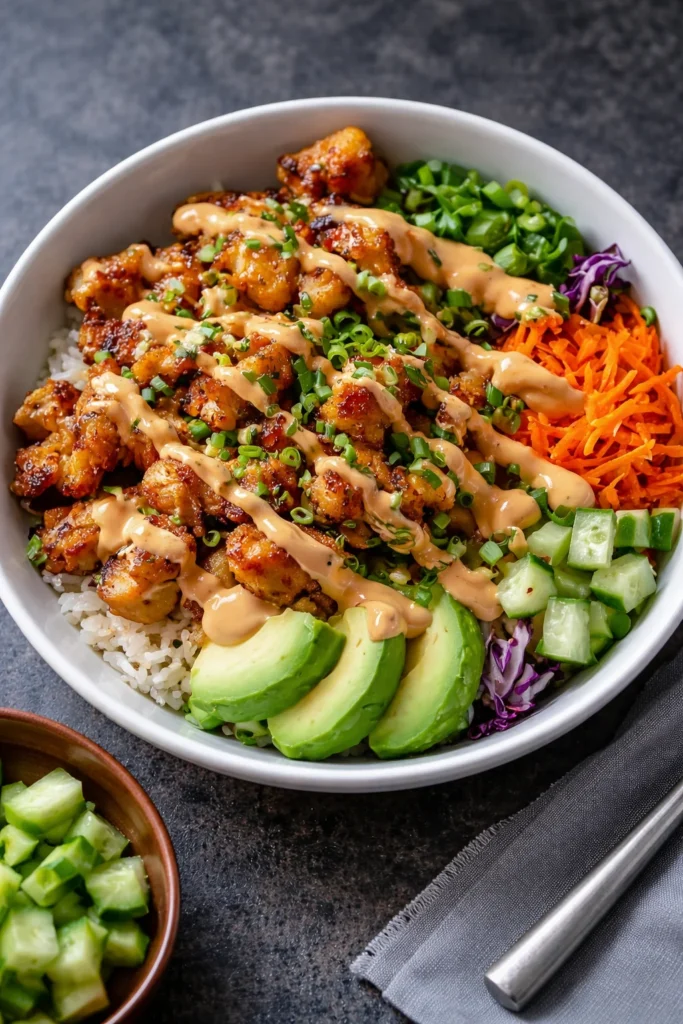 Delicious Bang Bang Chicken Bowl topped with spicy sauce and fresh ingredients.