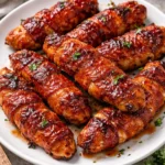 Barbecue bacon wrapped chicken tenders on a platter