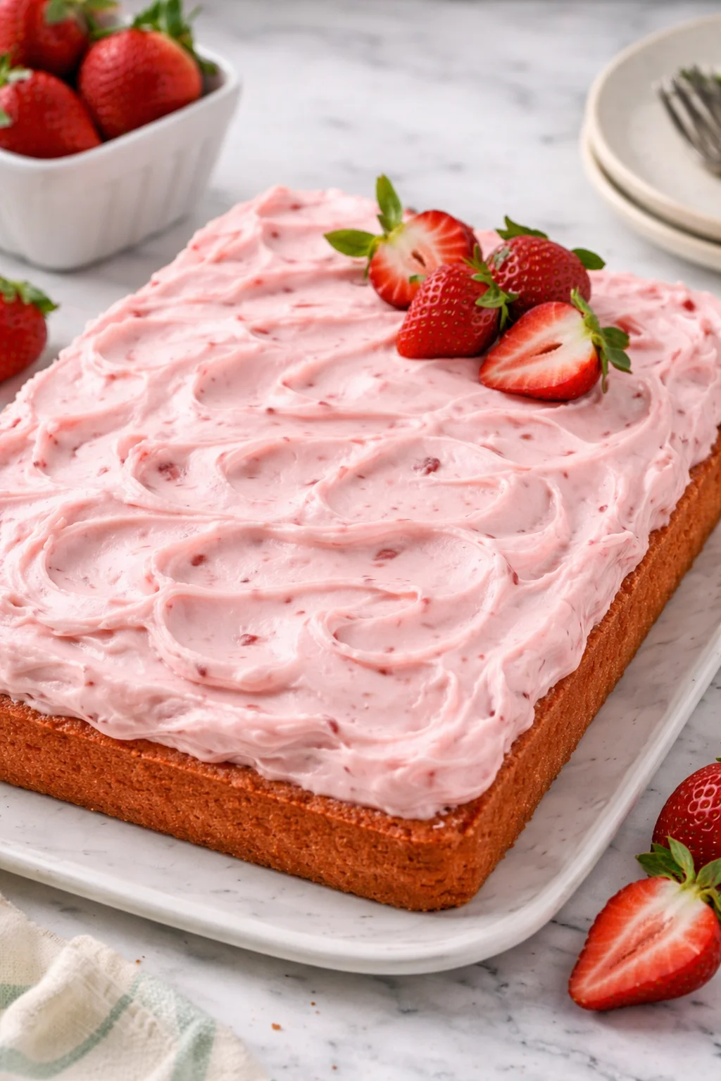 Delicious best strawberry sheet cake topped with fresh strawberries