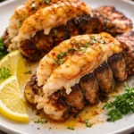 Broiled lobster tail served with garlic butter and herbs