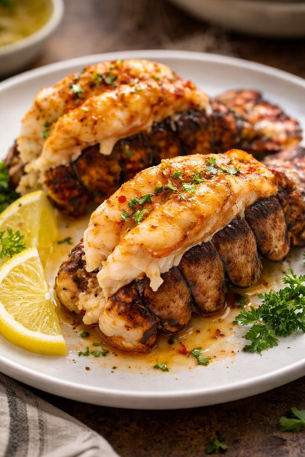 Broiled lobster tail served with garlic butter and herbs