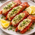Delicious broiled lobster tails ready to serve with lemon and herbs