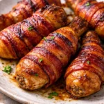 Brown sugar bacon-wrapped chicken drumsticks ready to serve.