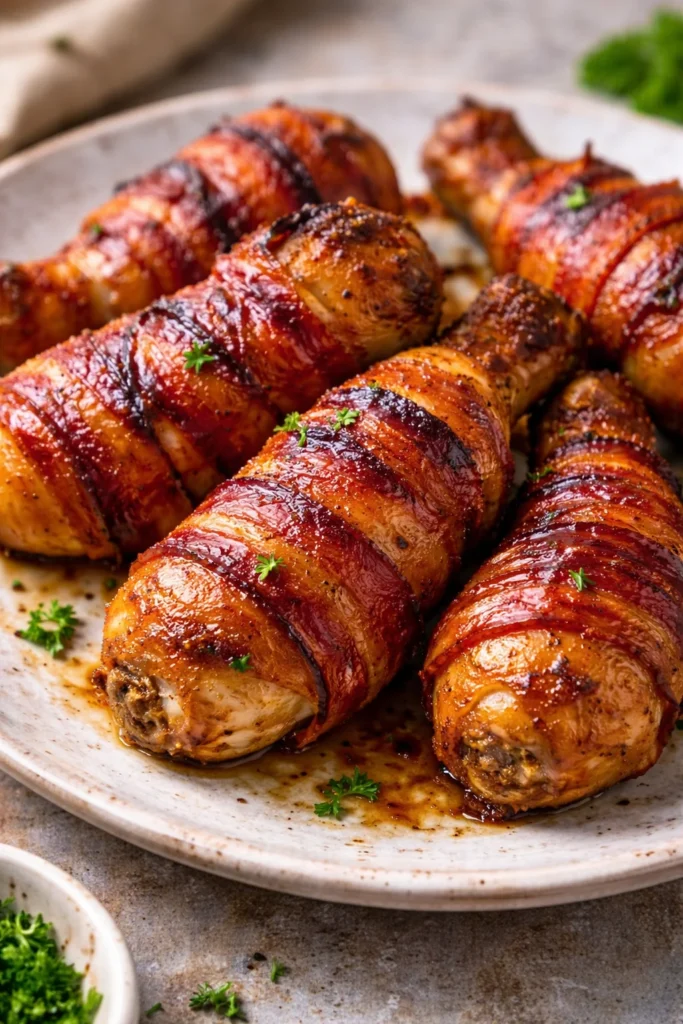 Brown sugar bacon-wrapped chicken drumsticks ready to serve.