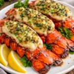 Buttery lobster tails served with lemon and herbs on a plate