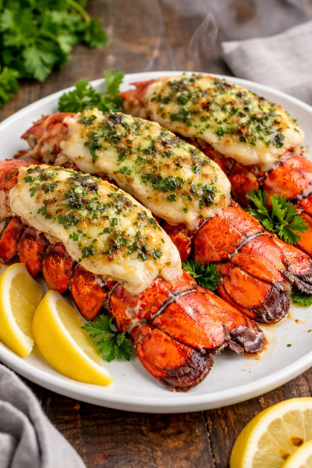 Buttery lobster tails served with lemon and herbs on a plate