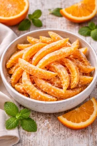 Homemade candied orange peels on a wooden table