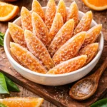 Homemade candied orange peels displayed on a plate