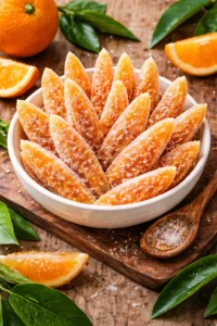 Homemade candied orange peels displayed on a plate