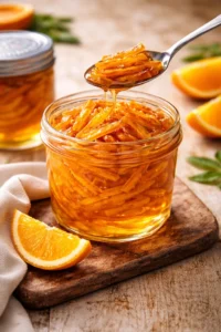 Homemade candied orange peels in a bowl