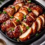 Delicious Char Siu Chicken glazed with authentic sauces on a serving platter.