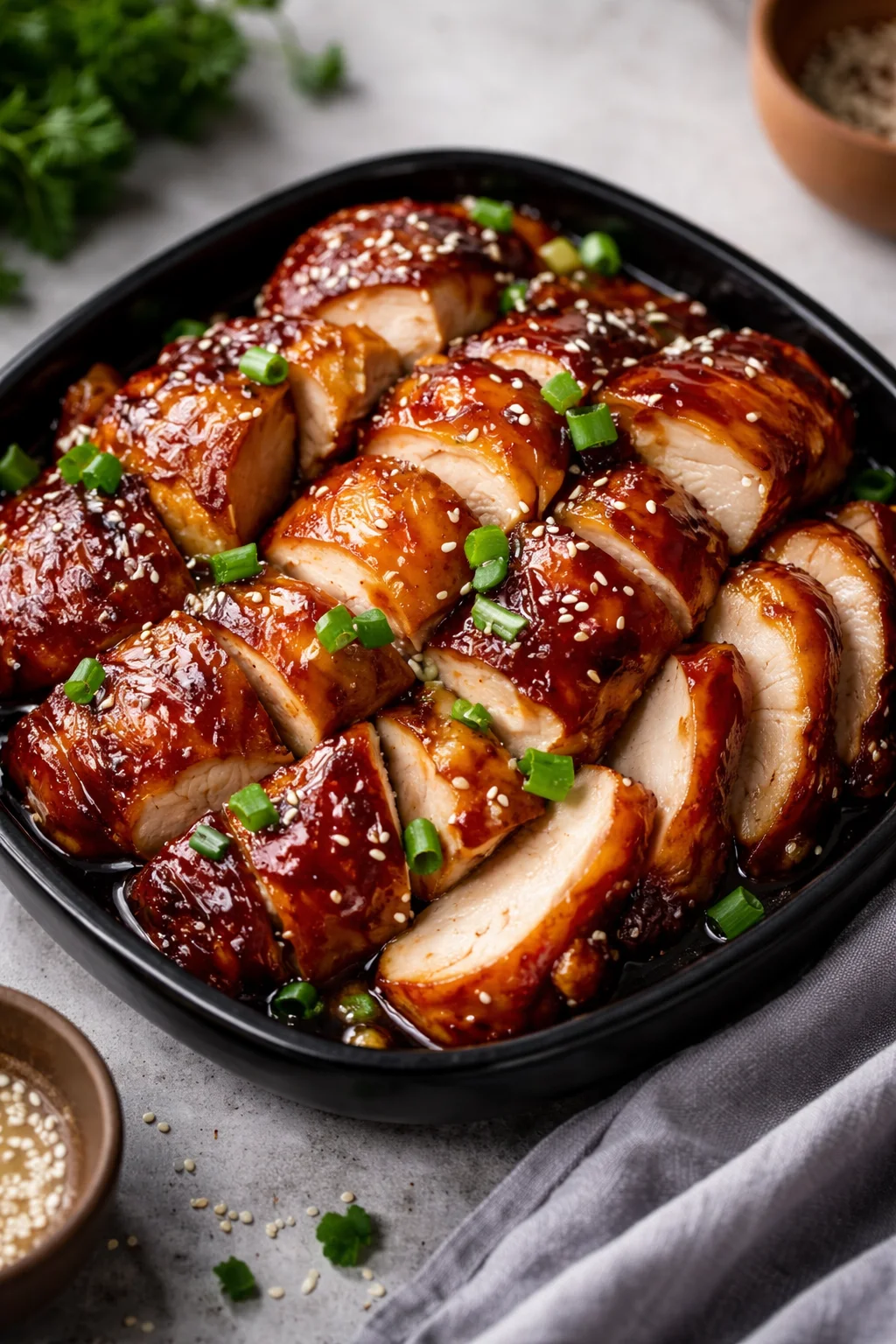 Delicious Char Siu Chicken glazed with authentic sauces on a serving platter.