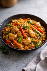 Delicious Chicken Lo Mein with colorful vegetables and tender chicken in a bowl.