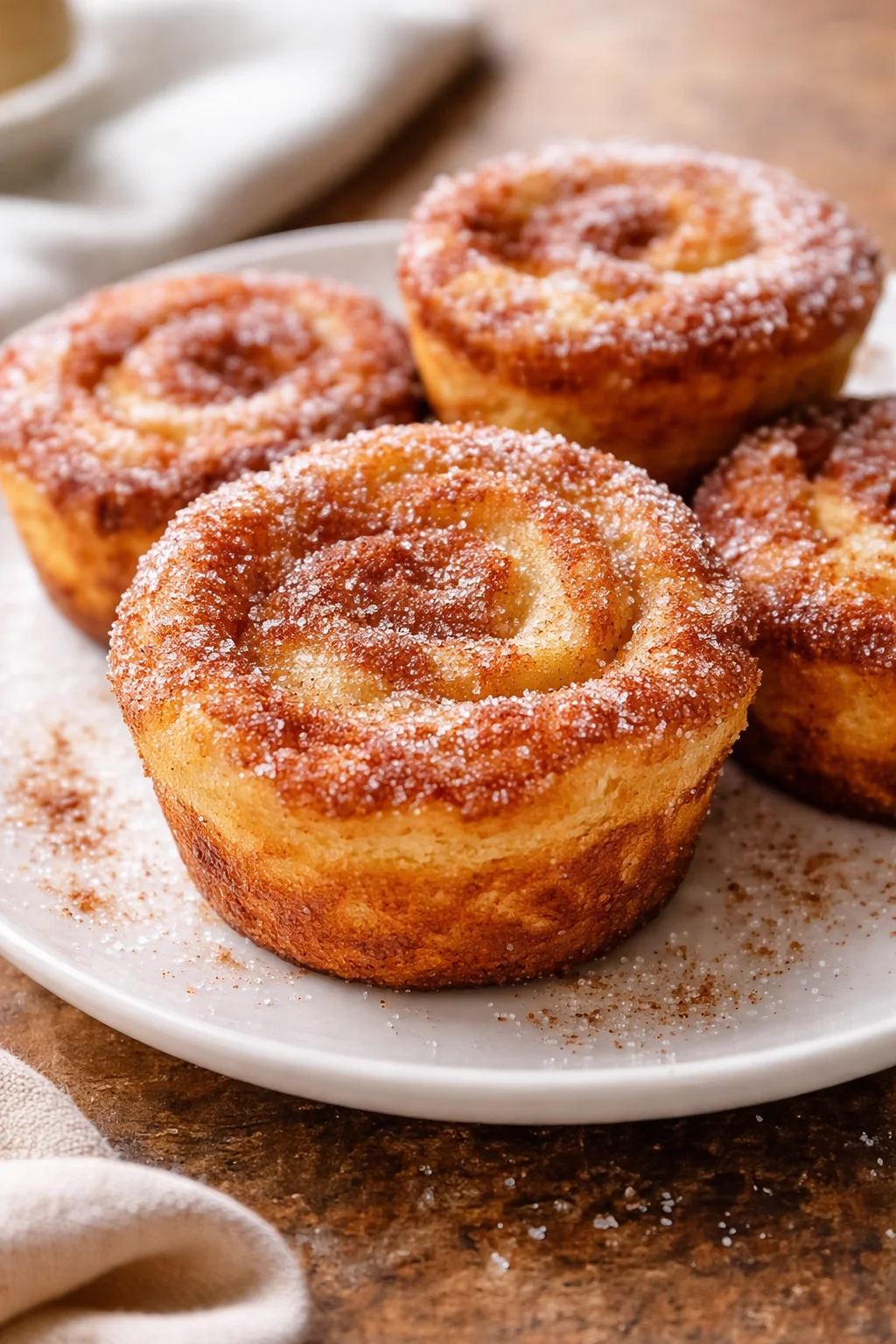 Cinnamon Sugar French Toast Muffins served on a plate with syrup