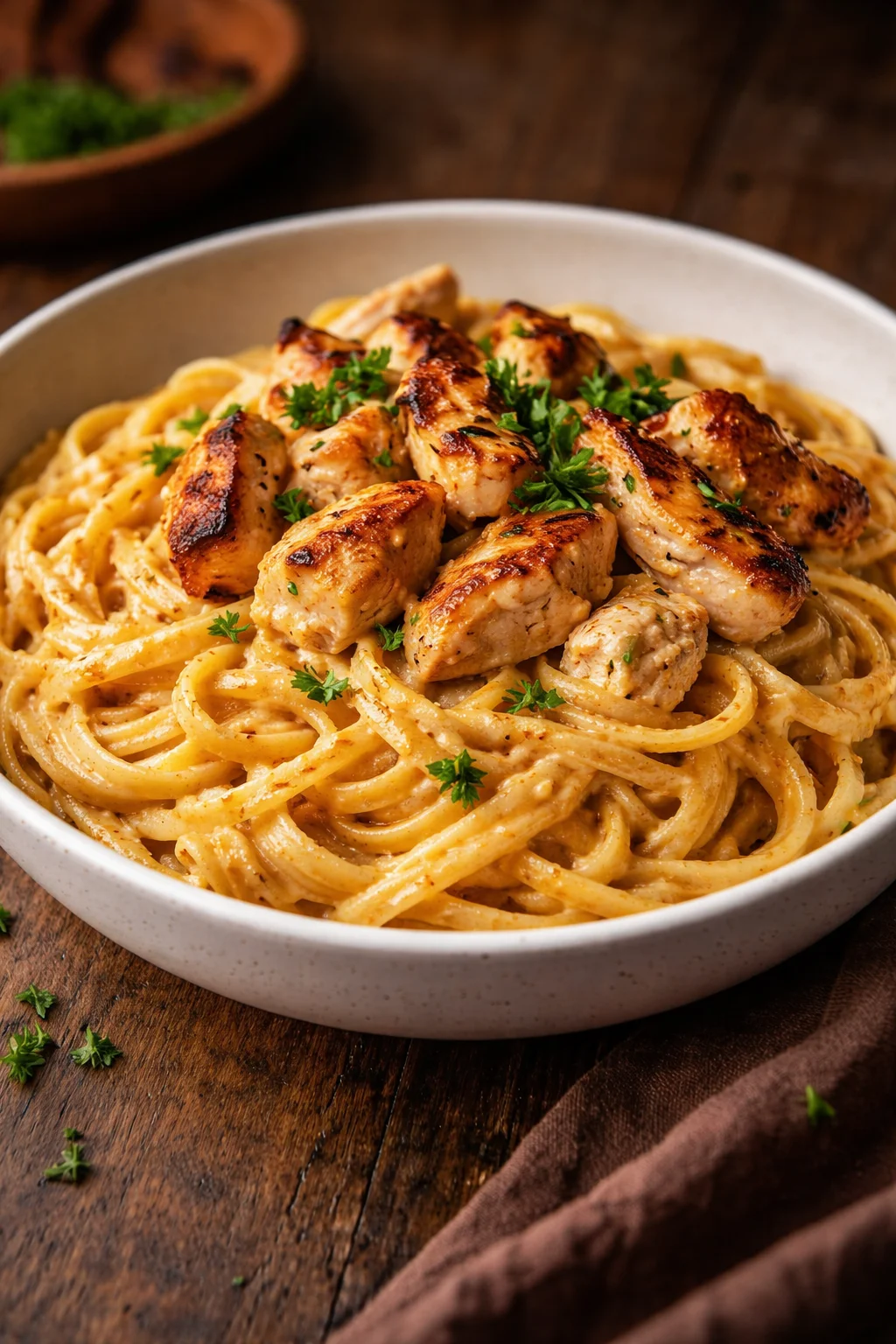 Delicious Cowboy Butter Chicken Linguine served in a bowl
