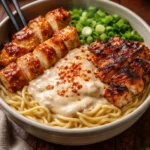 Bowl of creamy chicken ramen topped with greenery and soft-boiled egg.